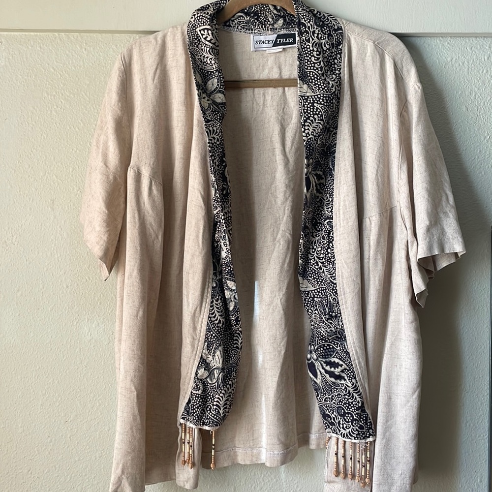 Vintage Stacy Tyler linen/cotton open front jacket with beaded detail